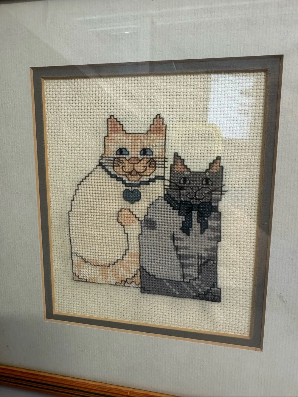 VTG Framed Cat Cross Stitch Needlepoint Folk Art Wall Decor